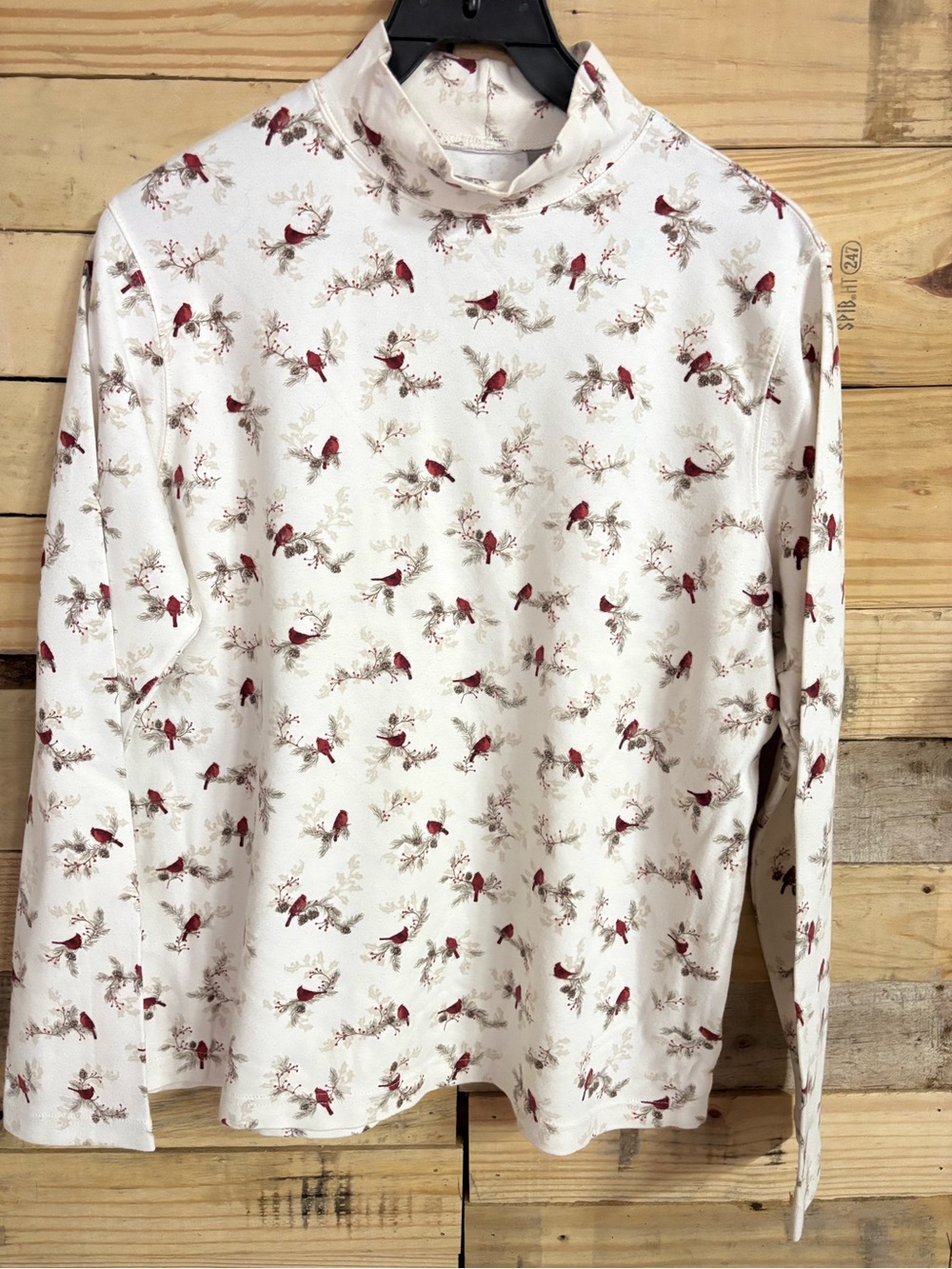 croft & barrow White Mock Neck Top with Red cardinal Bird Print